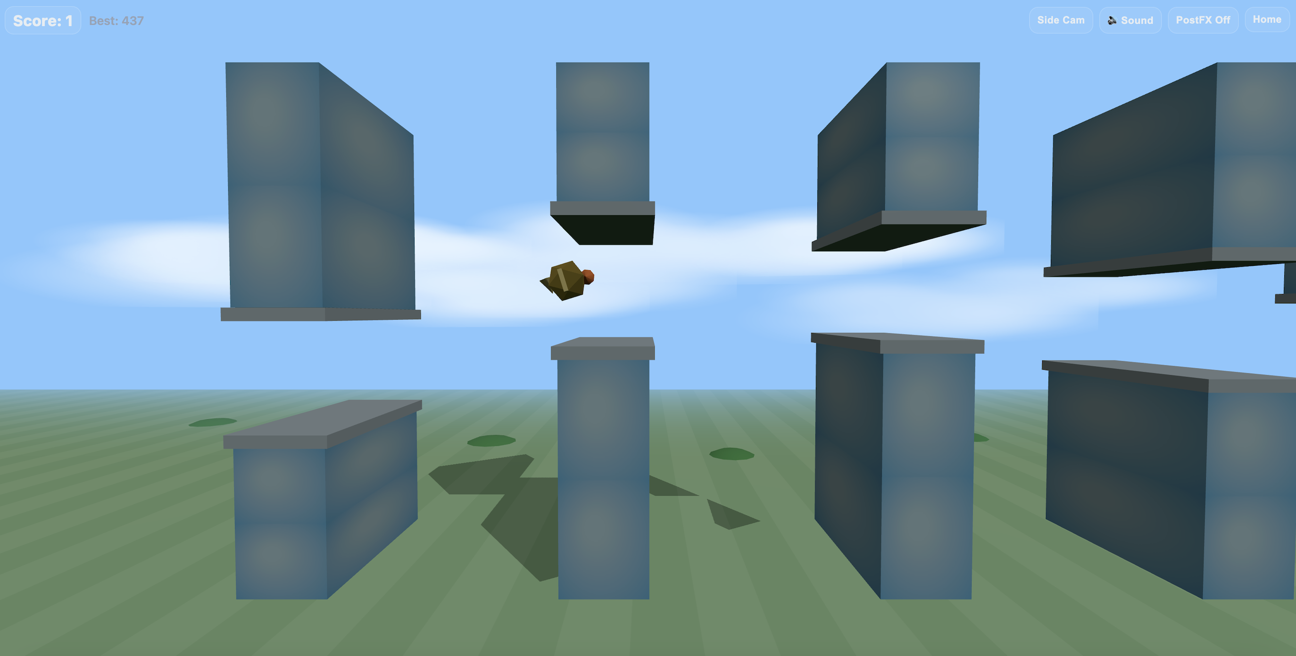 3D Flappy gameplay: a bird flying through pipe gaps