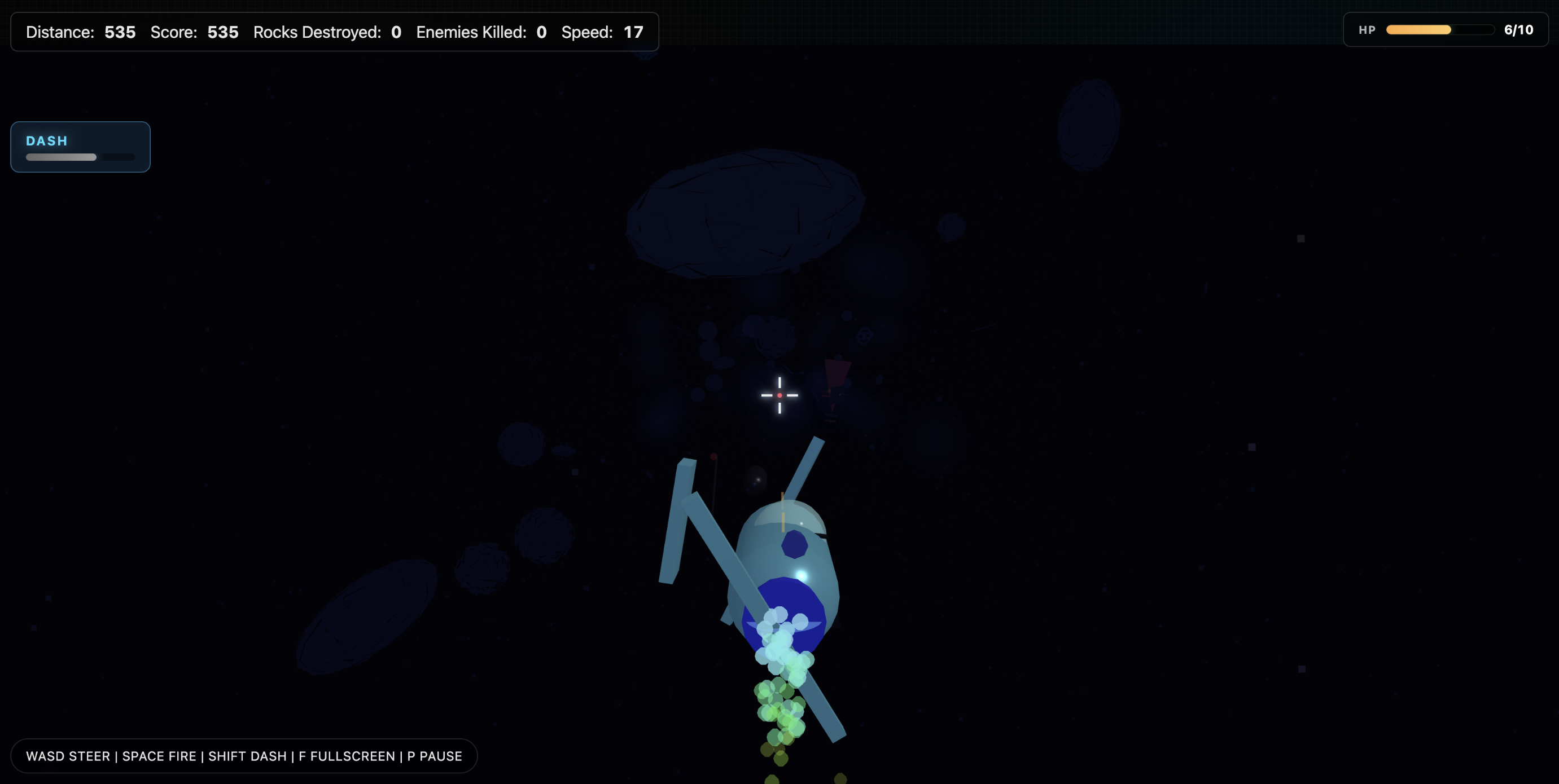 Spaceship flying through an asteroid field