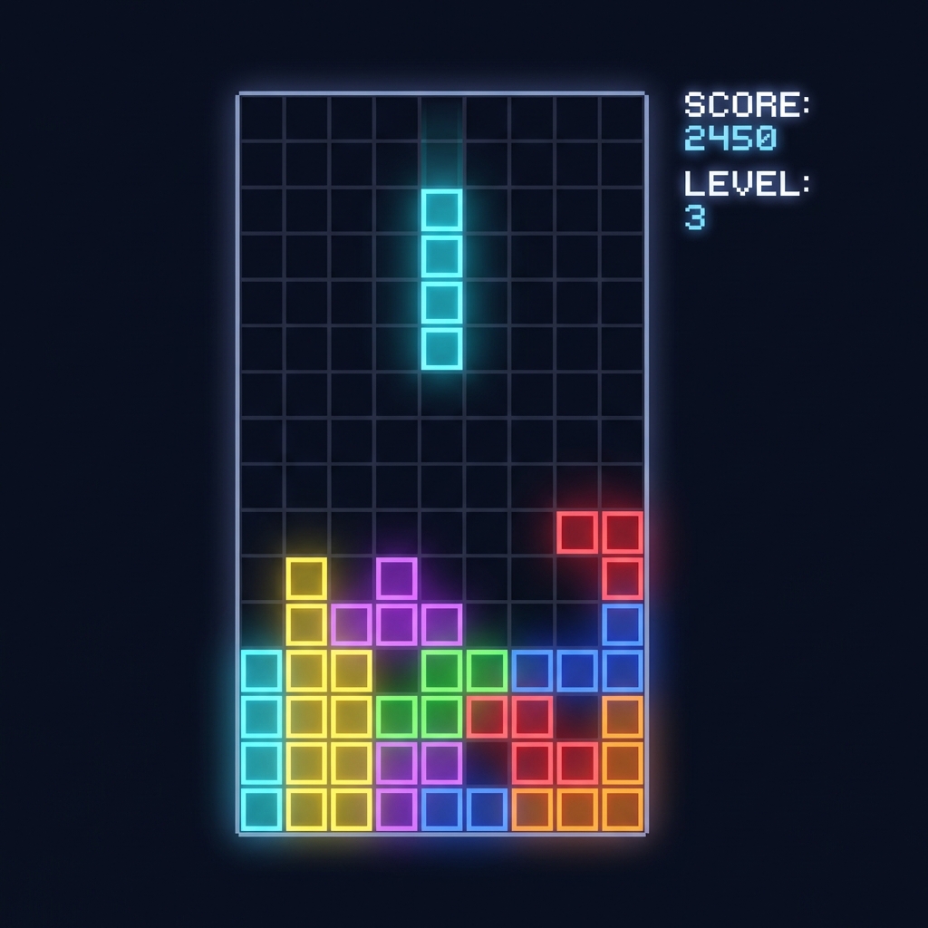 Colorful Tetris blocks stacking on a dark game board